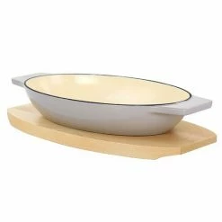Martha Stewart 2 Piece Enameled Cast Iron Oval Casserole Birch Wood Trivet Set In Taupe