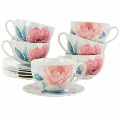 Martha Stewart Gibson Everyday 12 Piece Ceramic Flora 18 Ounce Cup And Saucer Set In White