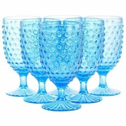 Martha Stewart 6 Piece 14.2 Ounce Clear Glass Hobnail Goblet Drinkware Set In Blue