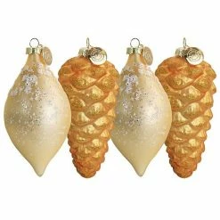 Martha Stewart Gibson Everyday Holiday Pointy Ball And Pinecone 4 Piece Ornament Set In Gold