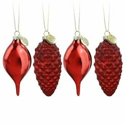 Martha Stewart Gibson Everyday Holiday Pointy Ball And Pinecone 4 Piece Ornament Set In Red