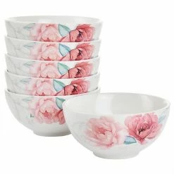 Martha Stewart 6 Inch Fine Ceramic 6 Piece Floral Decorated Cereal Bowl Set In White And Pink