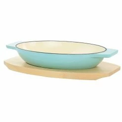 Martha Stewart 2 Piece Enameled Cast Iron Oval Casserole Birch Wood Trivet Set In Aqua